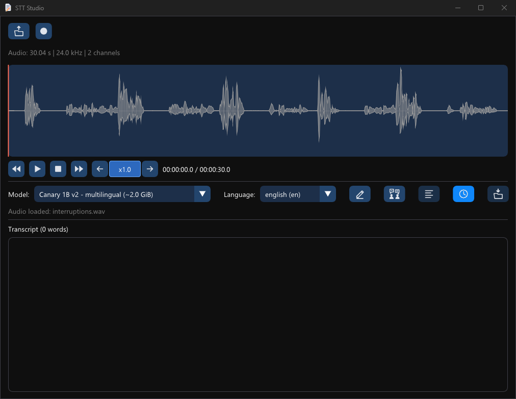 STT Studio's native Windows interface with waveform playback, Canary model and English language selectors, speaker controls, and transcript editor.